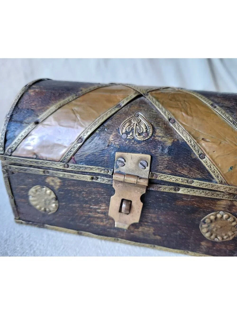 Vintage Small Treasure Chest Old Wooden Box With Brass Accents B